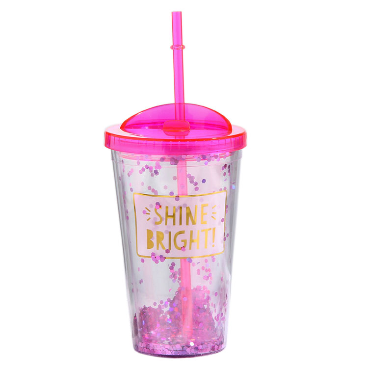 450ml Promotional Transparent Sequined Plastic Coffee Cup with Lid And Straw