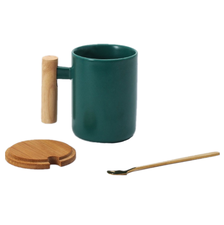 380ml Hot Selling Colored Wooden Handle Ceramic Coffee Cup Set