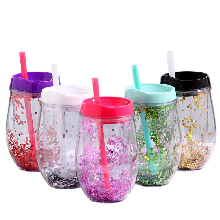 300ml Hot Selling Double Wall Glitter Plastic Water Bottle with Straw