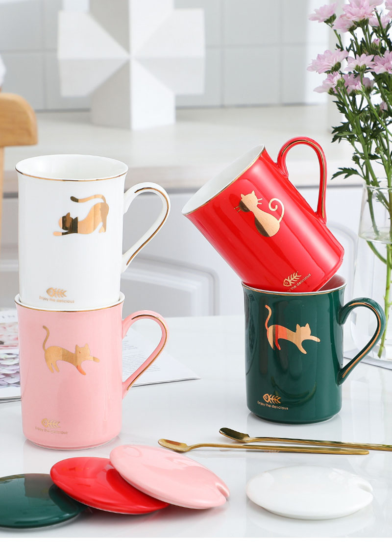 350ml New Design Custom Printed Ceramic Mugs with Lid Cartoon Cat Ceramic Milk Mugs
