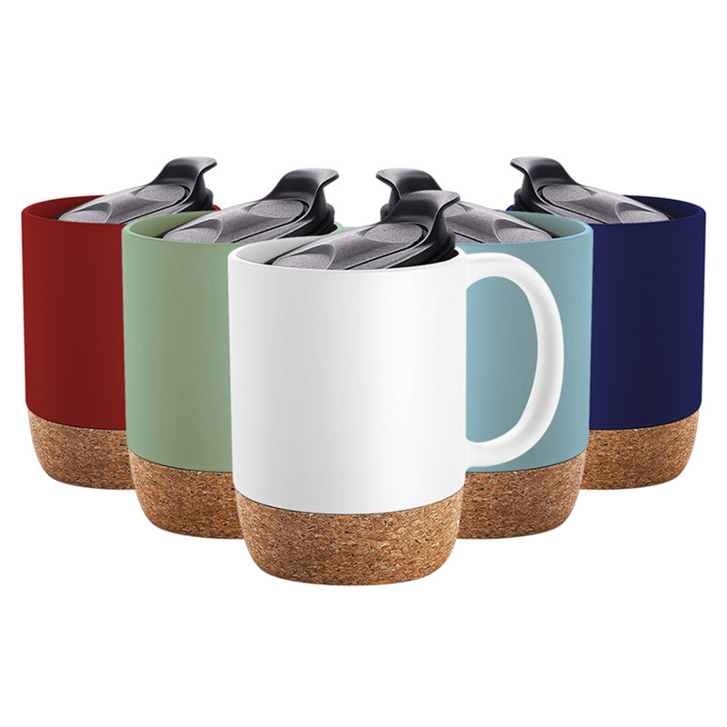 12oz 15oz custom ceramic coffee cup with insulated Cork Bottom and Splash Proof Mug Lid
